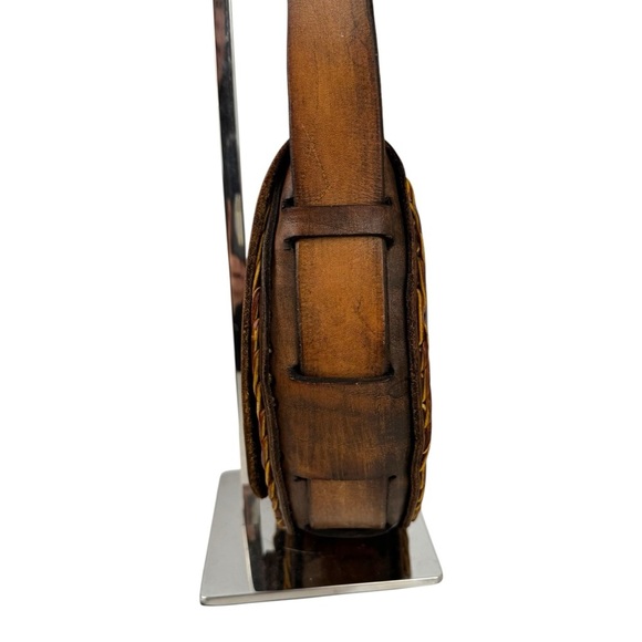 Vintage Floral Butterfly Tooled Thick Leather Braided Shoulder Bag Brown Hippie - Picture 5 of 16